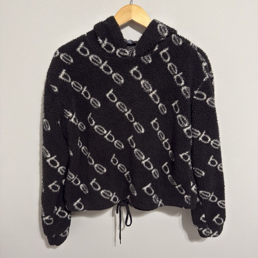 BEBE Sport Black Women's Large Sweatshirt Sherpa Fleece Pullover AOP